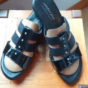 * Comfort Plus Women's Black Shiny Strap Comfy Sandals, Gems, Size 9.5, Like New
